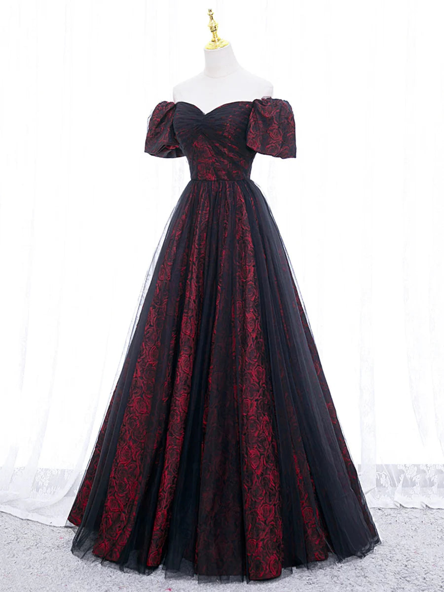 Buyishang A-Line Tulle Lace Burgundy Long Prom Dress Burgundy Long Formal Dress