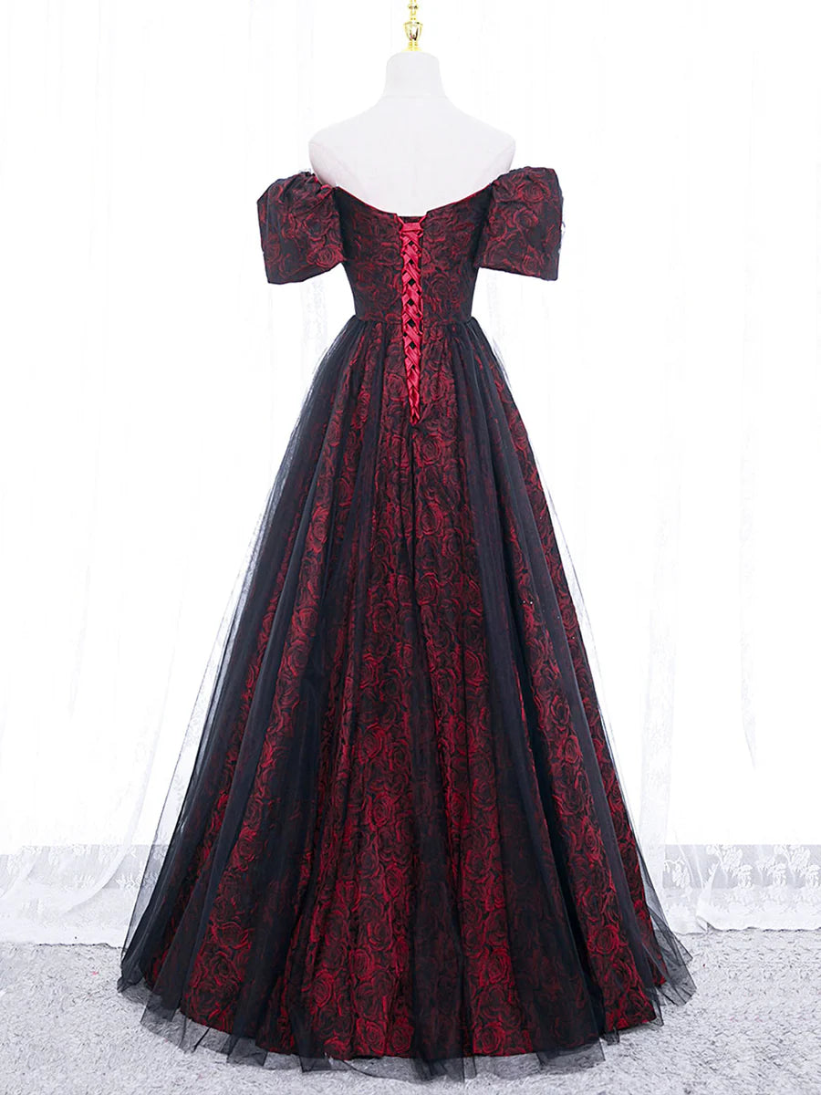 Buyishang A-Line Tulle Lace Burgundy Long Prom Dress Burgundy Long Formal Dress