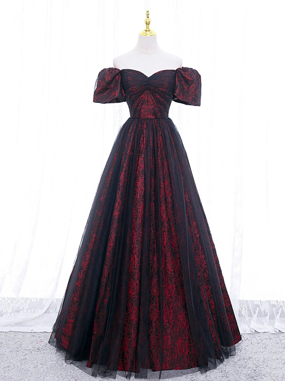Buyishang A-Line Tulle Lace Burgundy Long Prom Dress Burgundy Long Formal Dress