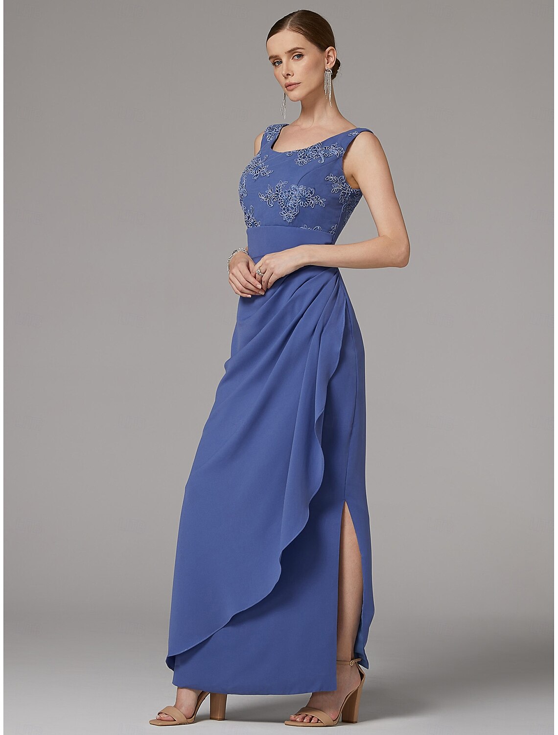 Buyishang Two Piece Sheath Dress Mother of the Bride Dress Elegant Sparkle & Shine Jewel Neck Ankle Length Lace Stretch Fabric 3/4 Length Sleeve with Lace