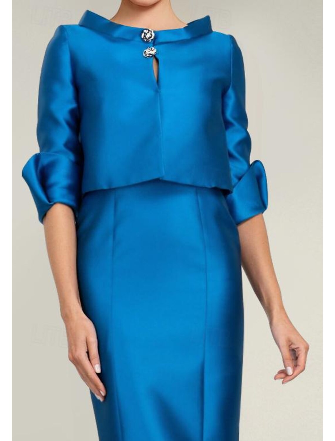 Buyishang Two Piece Mermaid / Trumpet Mother of the Bride Dress Formal Wedding Guest Elegant Jewel Neck Tea Length Satin Half Sleeve with Buttons free custom size