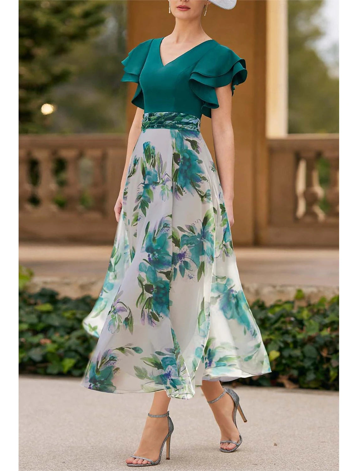 Buyishang A-Line Mermaid / Trumpet Mother of the Bride Dress Elegant Party V Neck Floor Length Ankle Length Chiffon 3/4 Length Sleeve Half Sleeve with Sash / Ribbon Ruched Cascading Ruffles