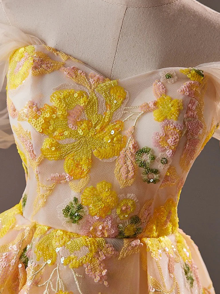 Buyishang A-Line Off Shoulder Tulle Lace Short Yellow Prom Dress Yellow Homecoming Dress