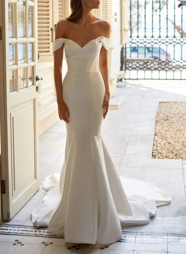 Buyishang Trumpet Mermaid Off-the-Shoulder Sweep Train Satin Wedding Dress