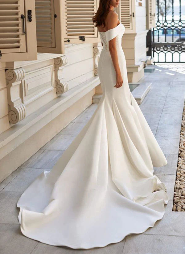 Buyishang Trumpet Mermaid Off-the-Shoulder Sweep Train Satin Wedding Dress