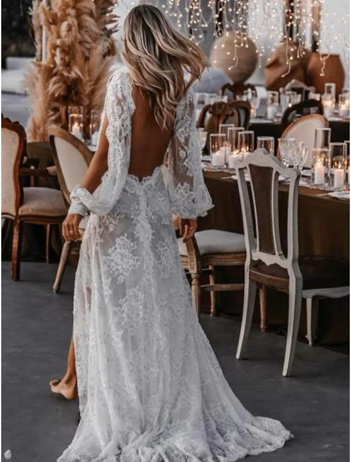 Buyishang Beach Sexy Boho Wedding Dresses A-Line V Neck Long Sleeve Sweep / Brush Train Lace Bridal Gowns With Appliques Split Front