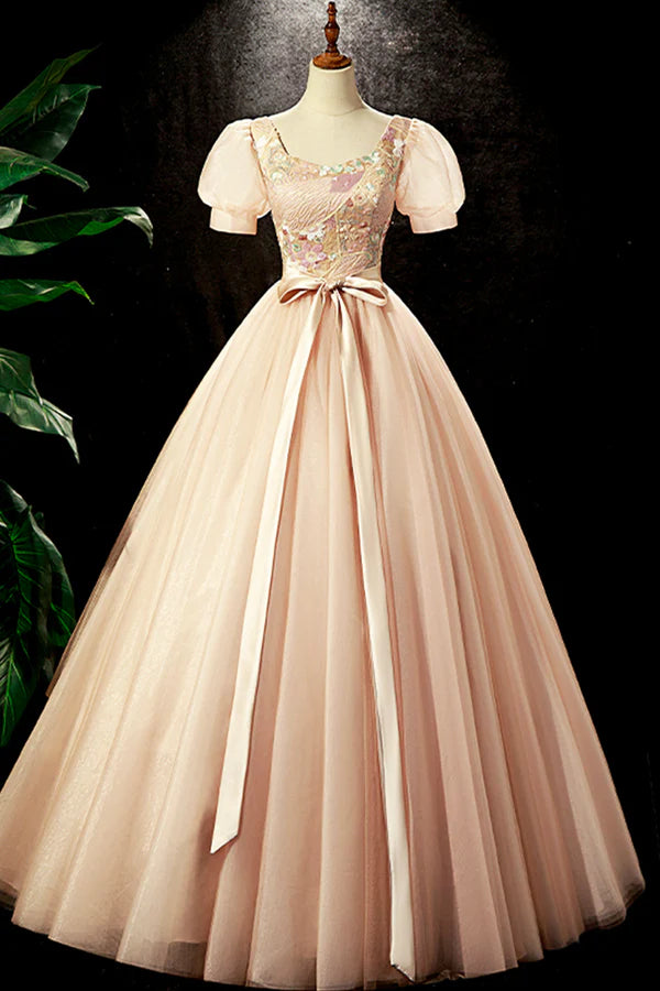 Lovely Tulle Sequins Long Prom Dress A-Line Short Sleeve Evening Party dress
