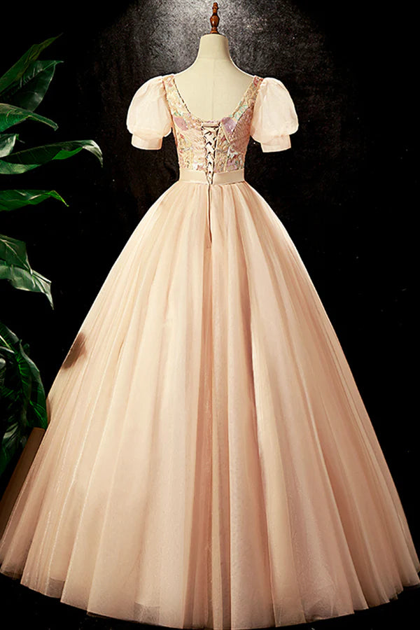 Lovely Tulle Sequins Long Prom Dress A-Line Short Sleeve Evening Party dress