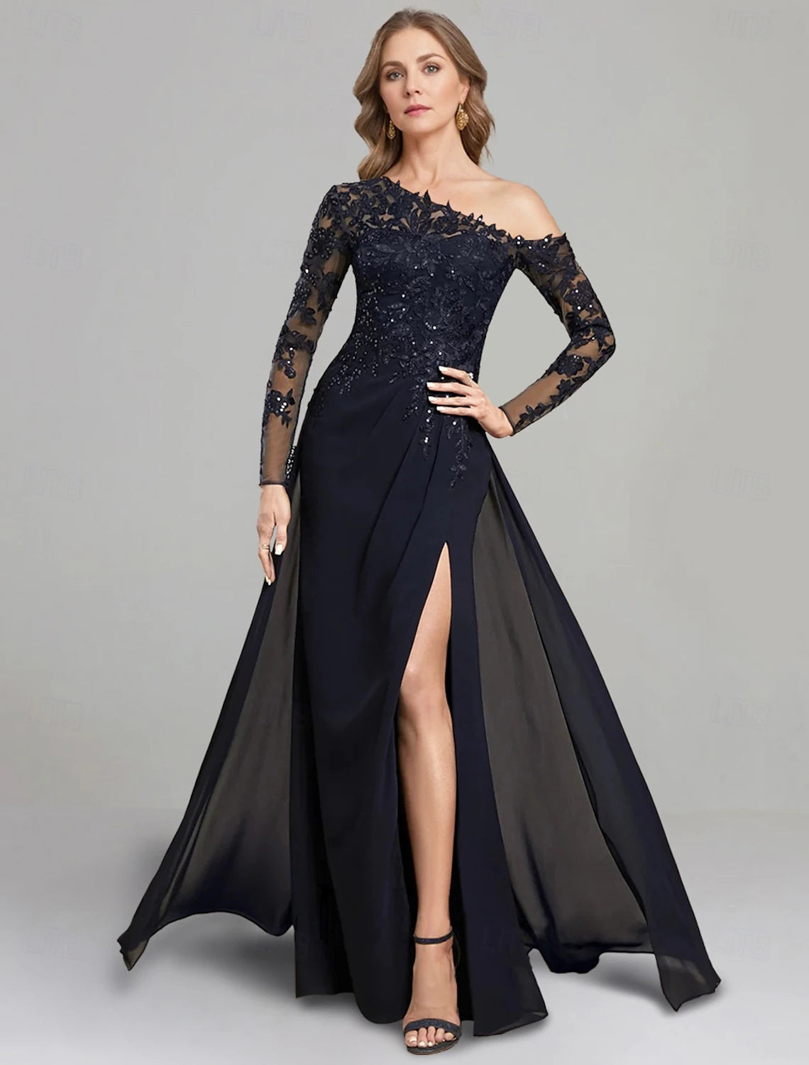 Buyishang Sheath / Column Dress Mother of the Bride Dress Formal Elegant One Shoulder Floor Length Chiffon Long Sleeve with Lace Solid Color Christmas Dress