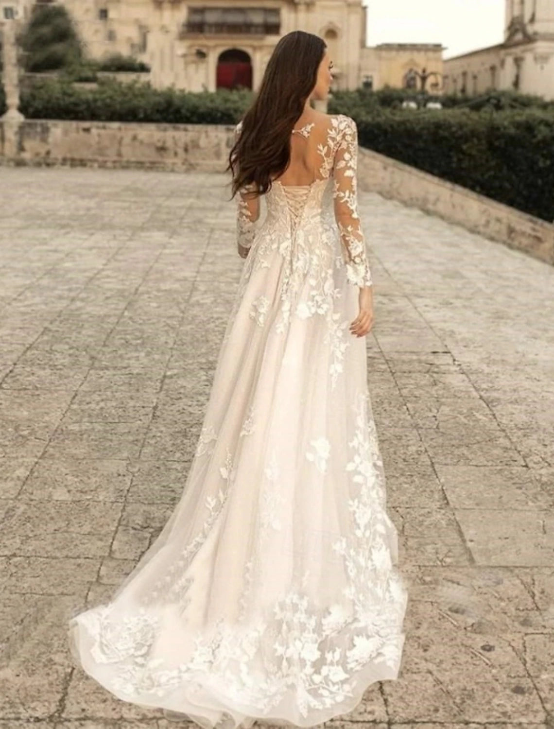 Buyishang Wedding Dresses A-Line V Neck Long Sleeve Court Train Tulle Bridal Gowns With Pleats Appliques