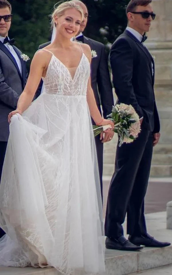 Buyishang Tulle A-Line Spaghetti Bohemian Wedding Dress With Low-V Back And Sweep Train