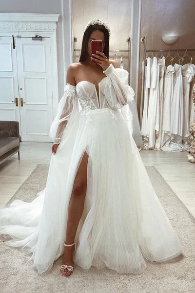 Buyishang Tulle A-Line Sweetheart Detachable Long Sleeve Lace Applique With Side Slit Wedding Dress