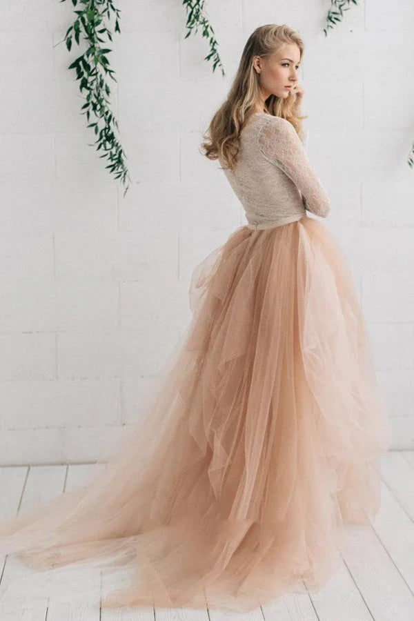 Buyishang Tulle Satin Tiers Zipper V Neck Long Sleeves Wedding Dress