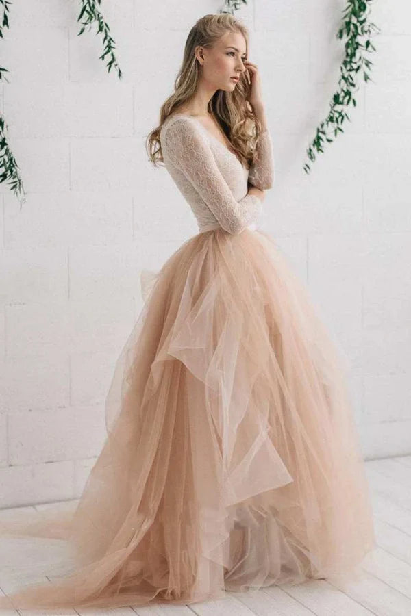 Buyishang Tulle Satin Tiers Zipper V Neck Long Sleeves Wedding Dress