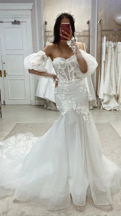 Buyishang Tulle Trumpet Sweetheart Detachable Puff Sleeves Appliques With Tulle Train Wedding Dress