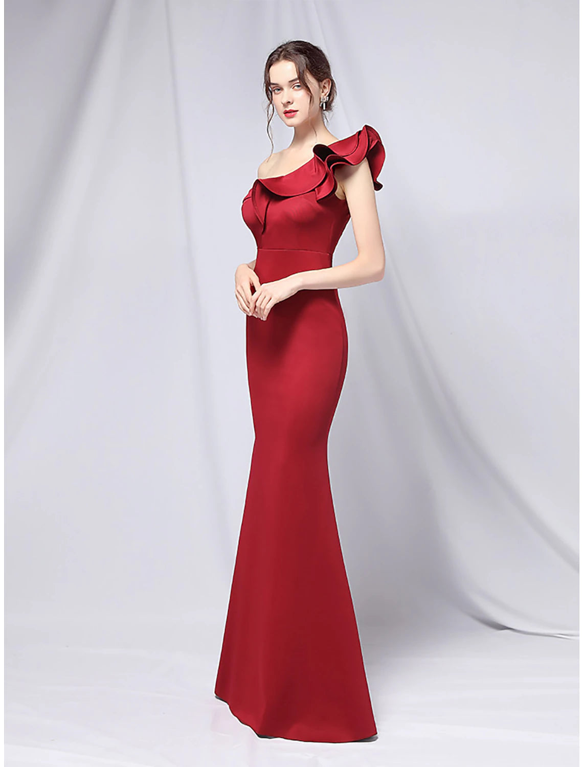 Mermaid Party Dress Evening Gown Empire Dress Wedding Guest Formal Evening Floor Length Short Sleeve One Shoulder Stretch Satin with Ruffles