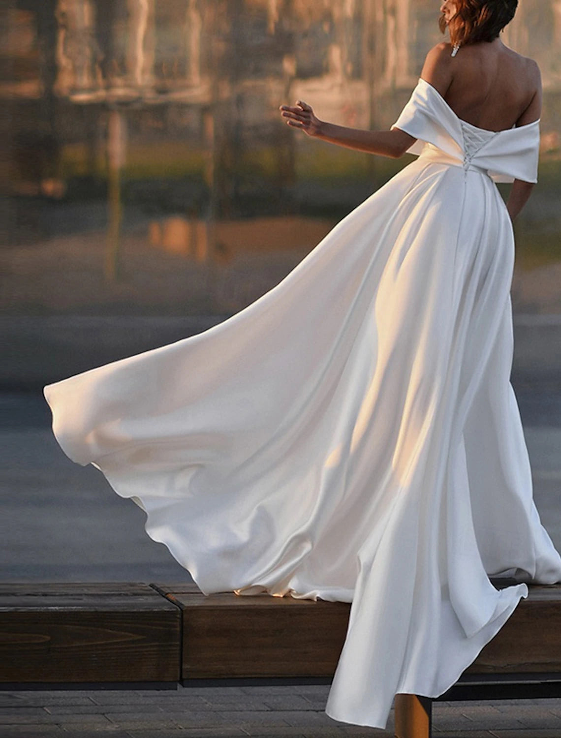 Buyishang Wedding Dresses A-Line Off Shoulder Half Sleeve Sweep / Brush Train Satin Bridal Gowns With Beading