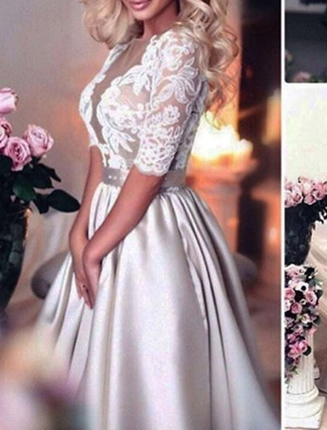 Buyishang Hall Formal Wedding Dresses A-Line Illusion Neck Half Sleeve Court Train Satin Bridal Gowns With Buttons Appliques