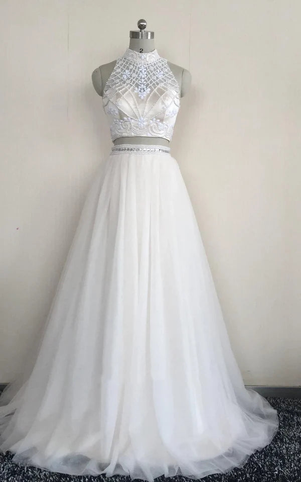 Buyishang Two Piece High Neck Sleeveless Tulle Dress With Beading