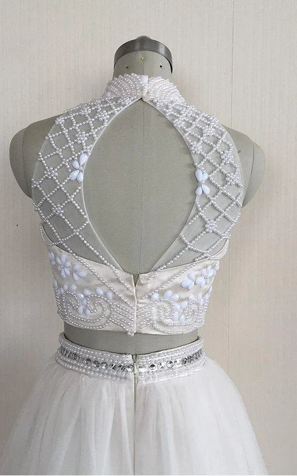 Buyishang Two Piece High Neck Sleeveless Tulle Dress With Beading