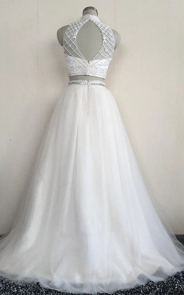 Buyishang Two Piece High Neck Sleeveless Tulle Dress With Beading