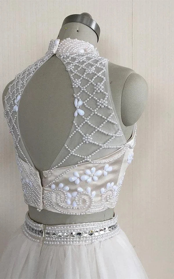 Buyishang Two Piece High Neck Sleeveless Tulle Dress With Beading