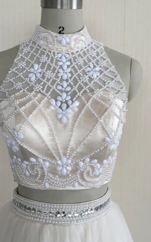 Buyishang Two Piece High Neck Sleeveless Tulle Dress With Beading