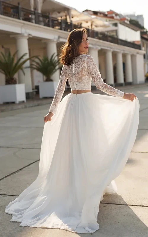 Buyishang Two Piece V-neck Wedding Dress with Sweep Train Lace Long Sleeves