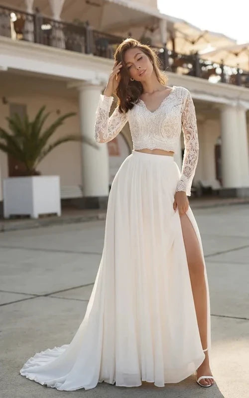 Buyishang Two Piece V-neck Wedding Dress with Sweep Train Lace Long Sleeves