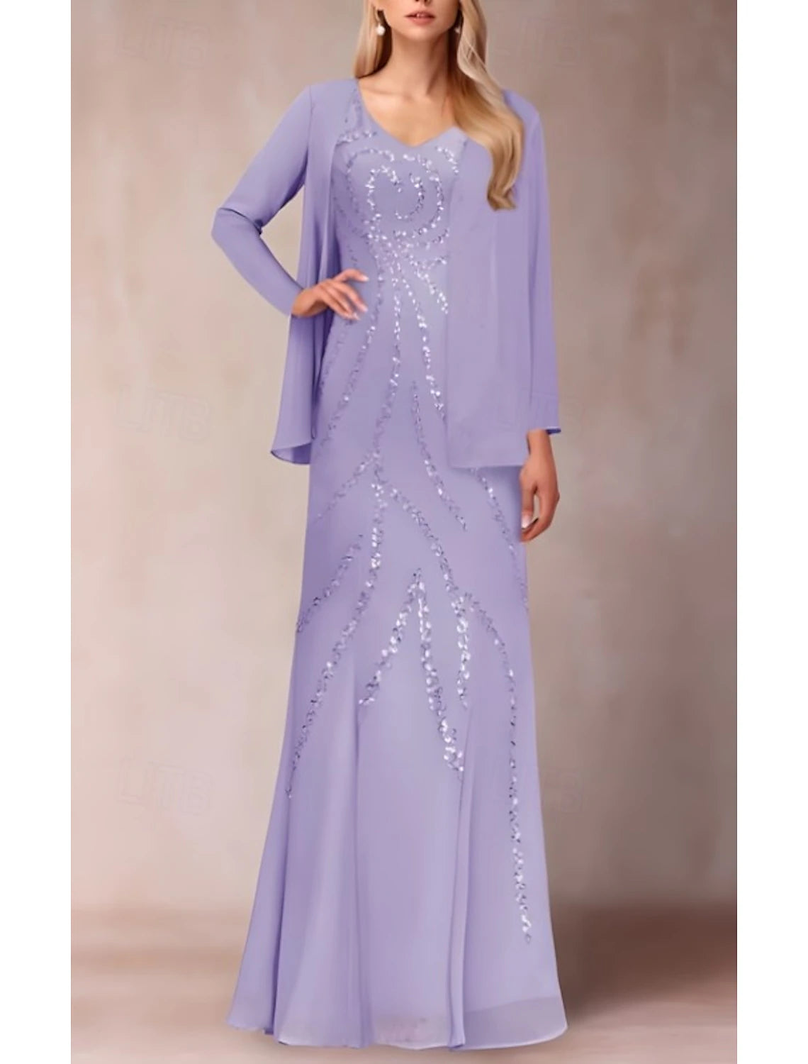 Buyishang Two Piece Sheath / Column Dress Suit Mother of the Bride Dress Elegant Sparkle & Shine V Neck Floor Length Chiffon Sequined Short Sleeve with Sequin