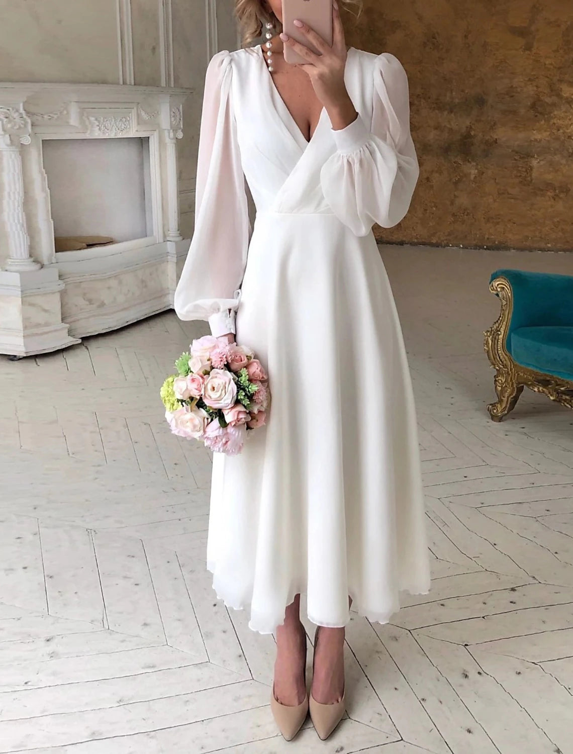 Buyishang Reception Little White Dresses Wedding Dresses A-Line V Neck Long Sleeve Ankle Length Chiffon Bridal Gowns With Solid Color