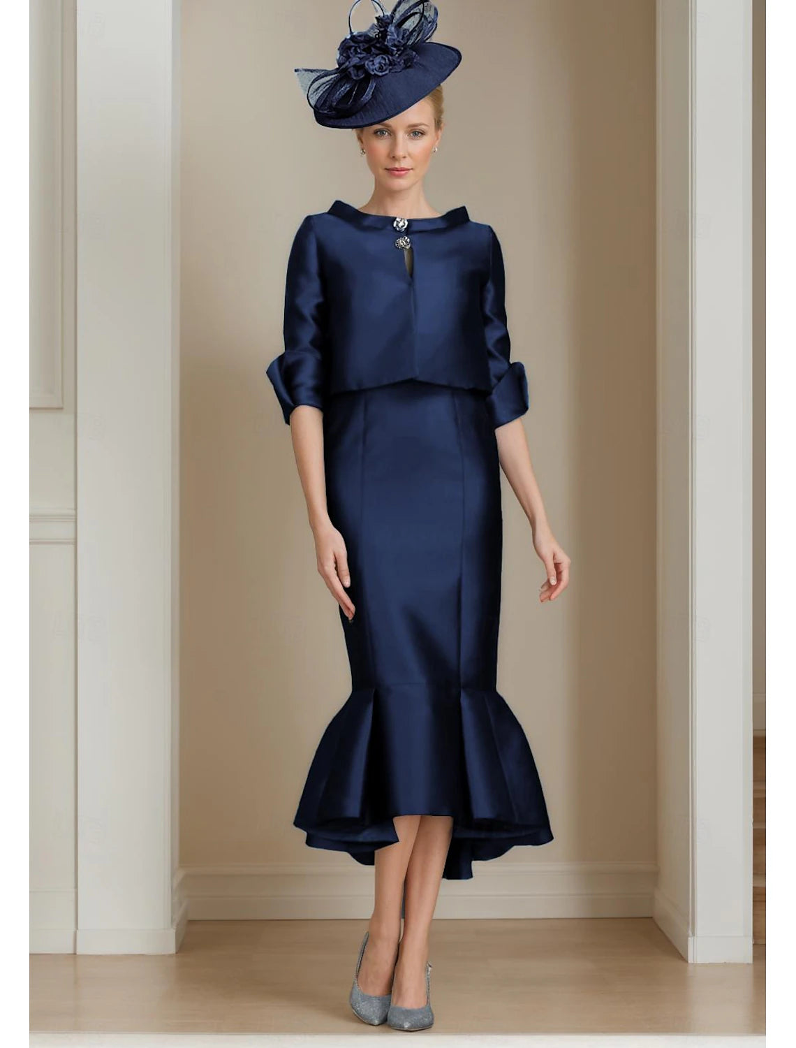 Buyishang Two Piece Mermaid / Trumpet Mother of the Bride Dress Formal Wedding Guest Elegant Jewel Neck Tea Length Satin Half Sleeve with Buttons free custom size