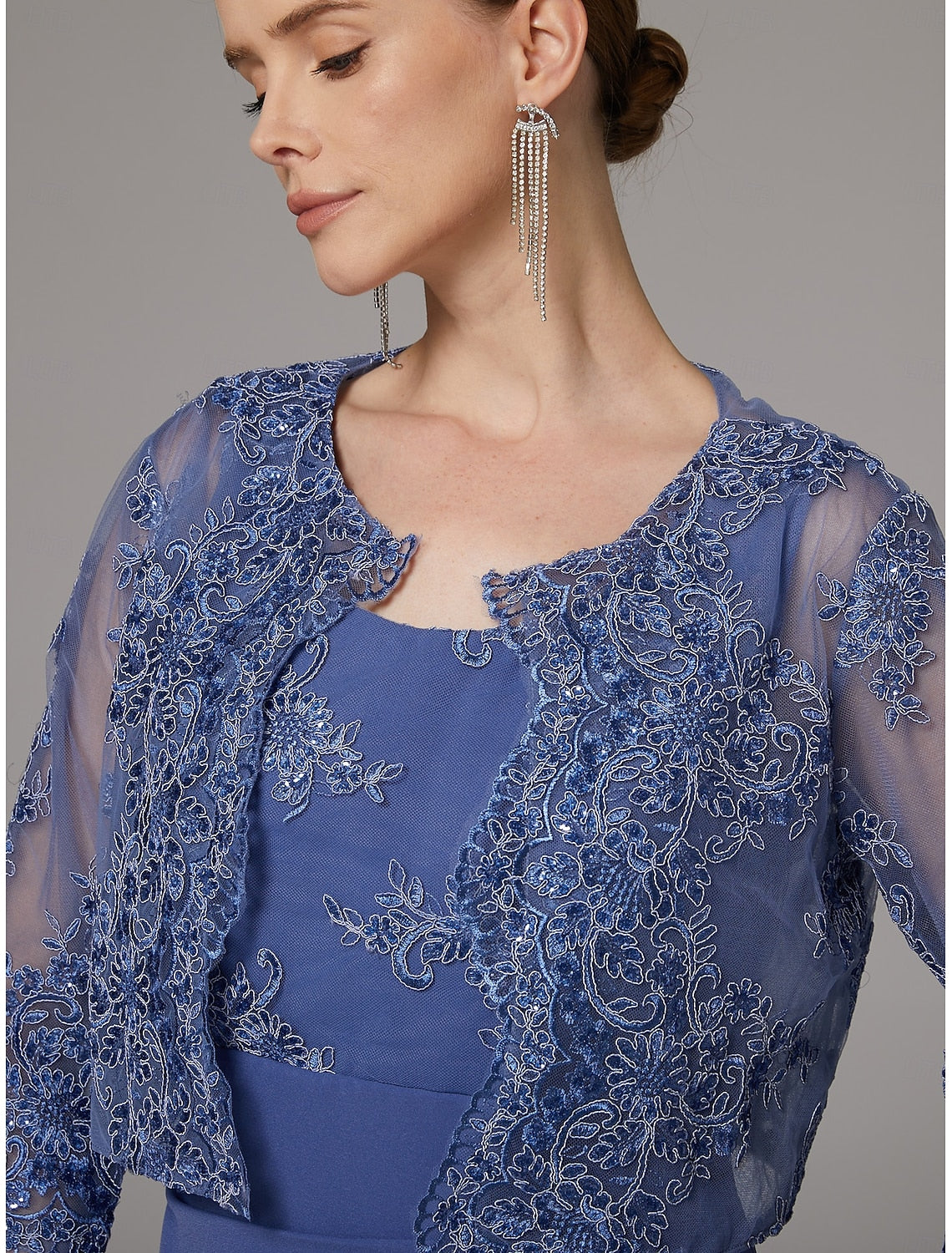 Buyishang Two Piece Sheath Dress Mother of the Bride Dress Elegant Sparkle & Shine Jewel Neck Ankle Length Lace Stretch Fabric 3/4 Length Sleeve with Lace