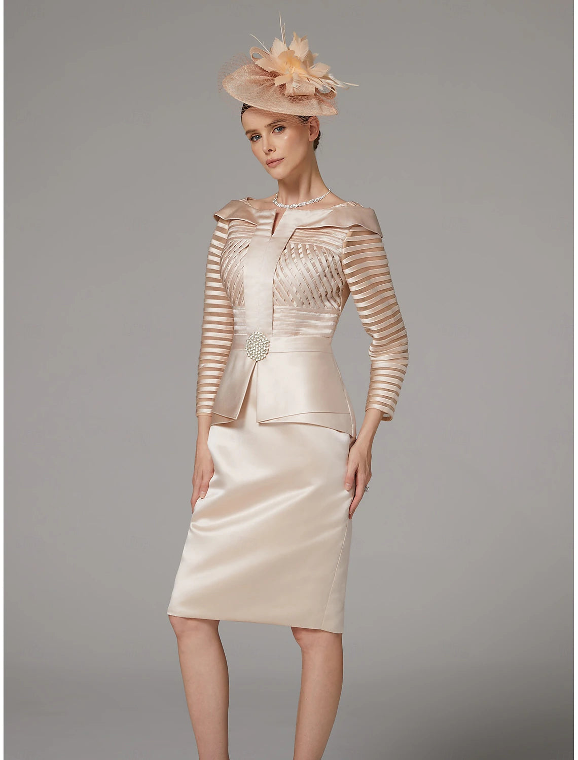 Buyishang Sheath Dress Suit Mother of the Bride Dress Elegant Vintage Plus Size Bateau Neck Knee Length Satin 3/4 Length Sleeve with Sash / Ribbon Crystals