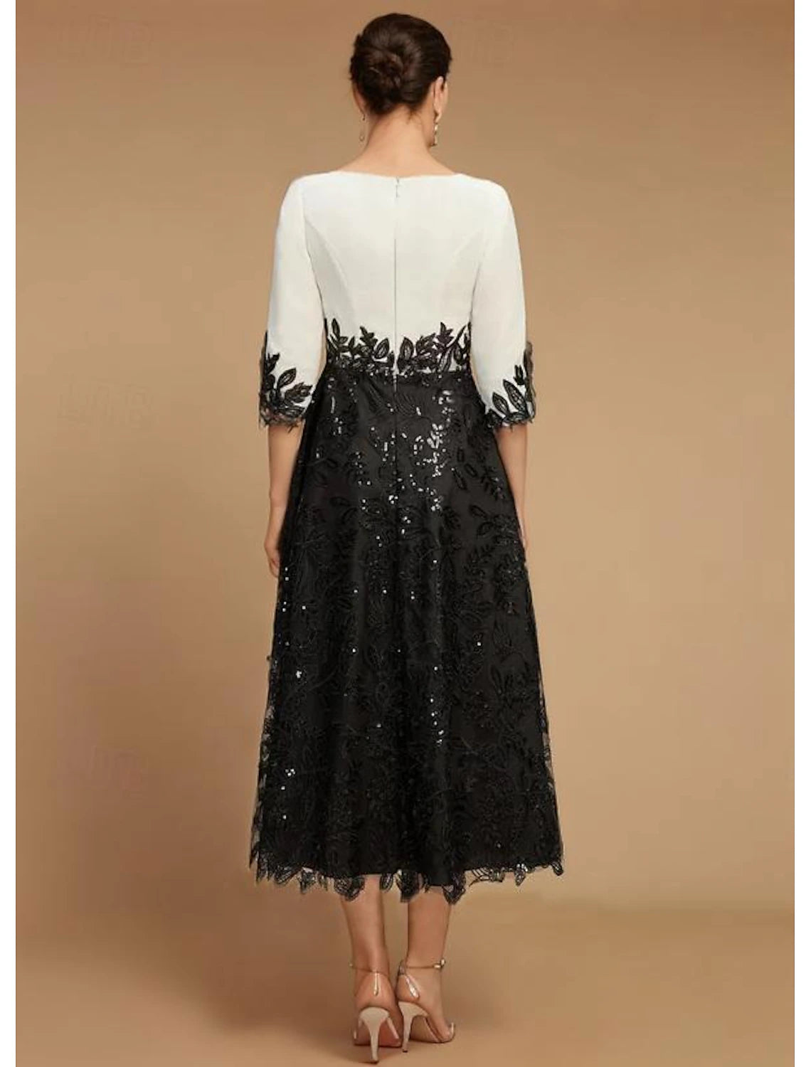 Buyishang A-Line Mother of the Bride Dress Wedding Guest Elegant Vintage Jewel Neck Tea Length Lace Half Sleeve with Lace Color Block free custom size