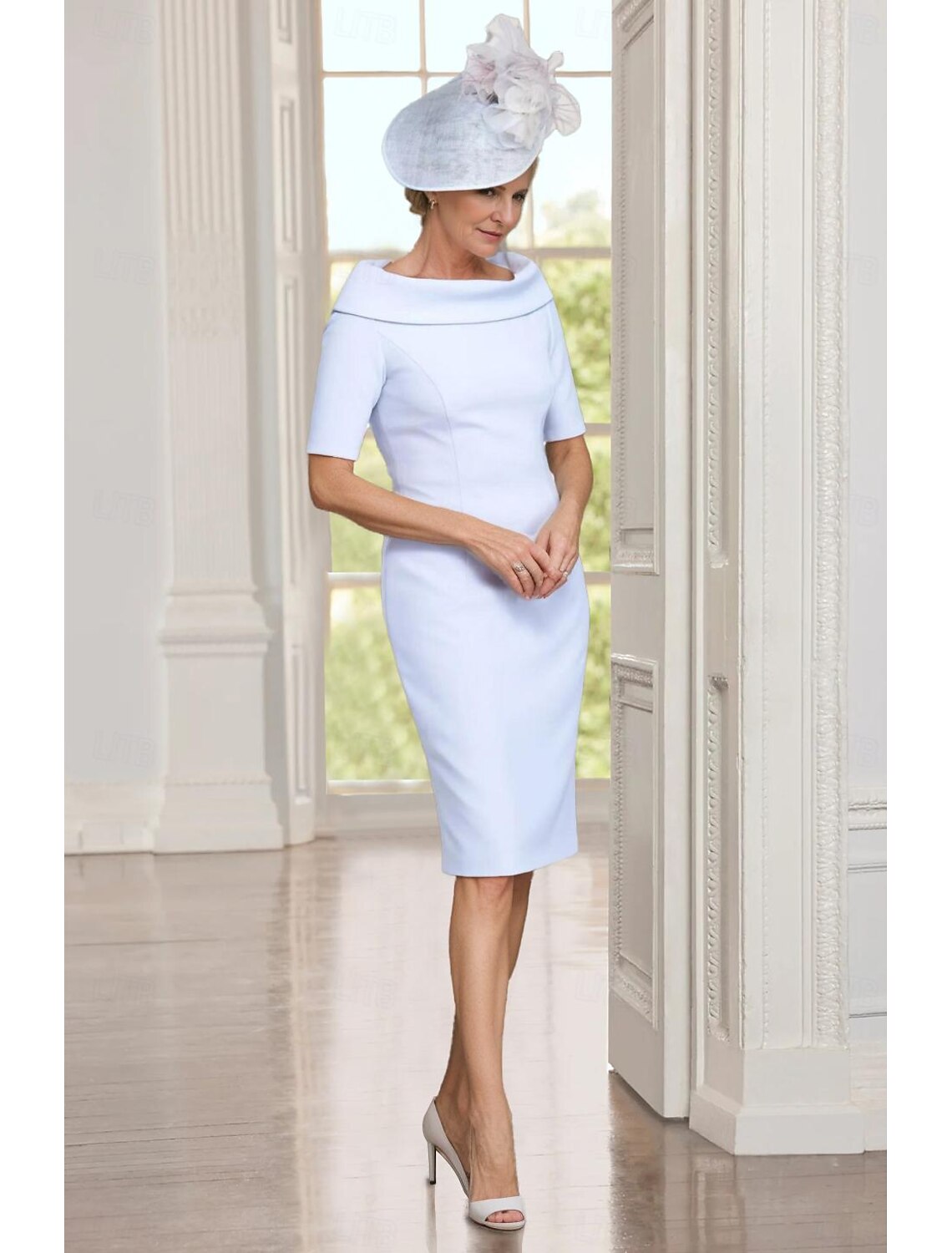 Buyishang TS Sheath / Column Mother of the Bride Dress Elegant Jewel Neck Knee Length Stretch Fabric Short Sleeve with Solid Color free custom size