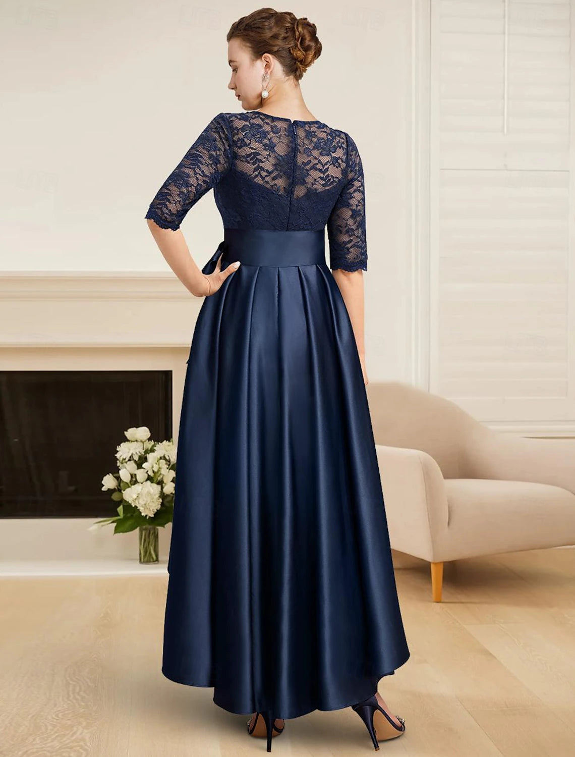 Buyishang A-Line Mother of the Bride Dress Wedding Guest Elegant High Low Jewel Neck Tea Length Satin Lace Half Sleeve with Lace Sash / Ribbon free custom size