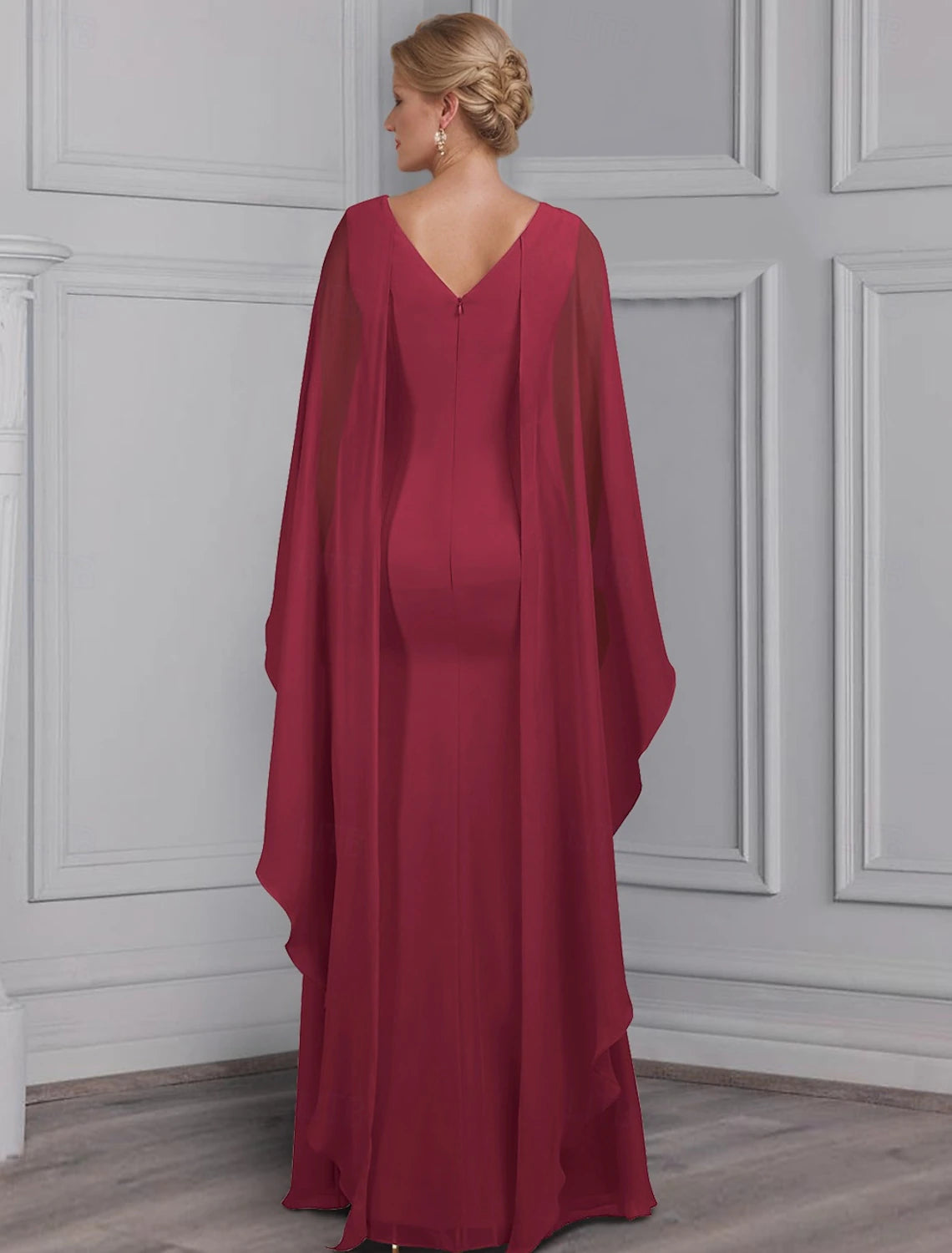 Buyishang Sheath / Column Dress Mother of the Bride Dress Elegant Bateau Neck Floor Length Stretch Chiffon Long Sleeve with Lace Tier Flower