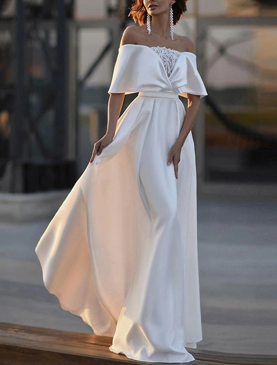 Buyishang Wedding Dresses A-Line Off Shoulder Half Sleeve Sweep / Brush Train Satin Bridal Gowns With Beading