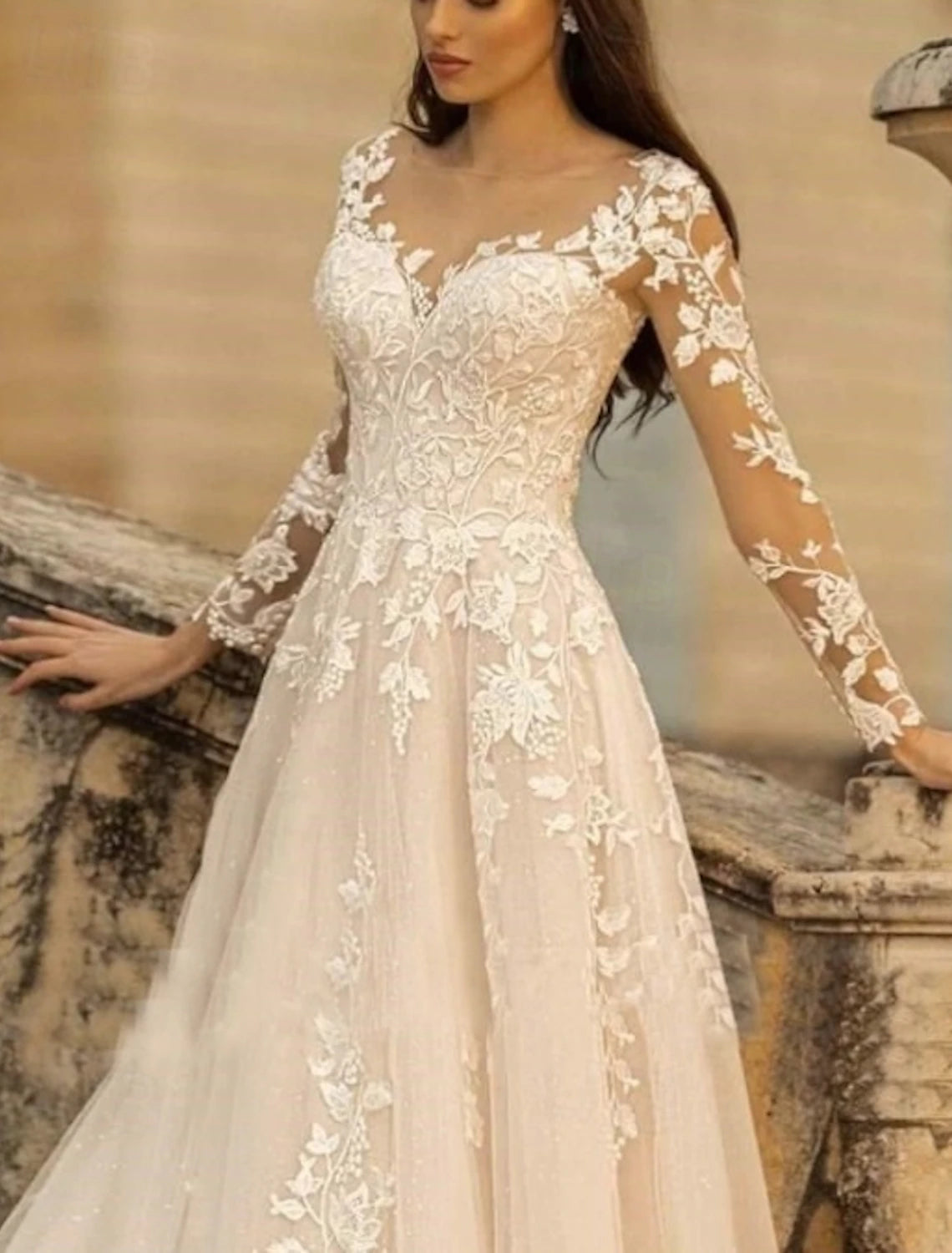 Buyishang Wedding Dresses A-Line V Neck Long Sleeve Court Train Tulle Bridal Gowns With Pleats Appliques