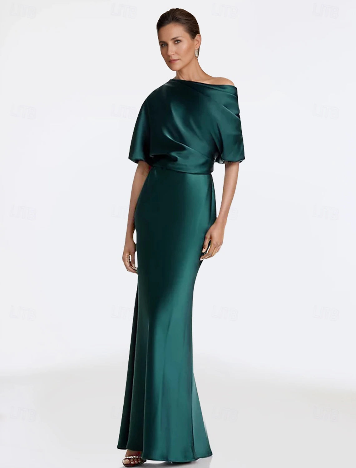 Buyishang Sheath / Column Dress Mother of the Bride Dress Elegant Off Shoulder Floor Length Satin Short Sleeve with Ruched Solid Color free custom size