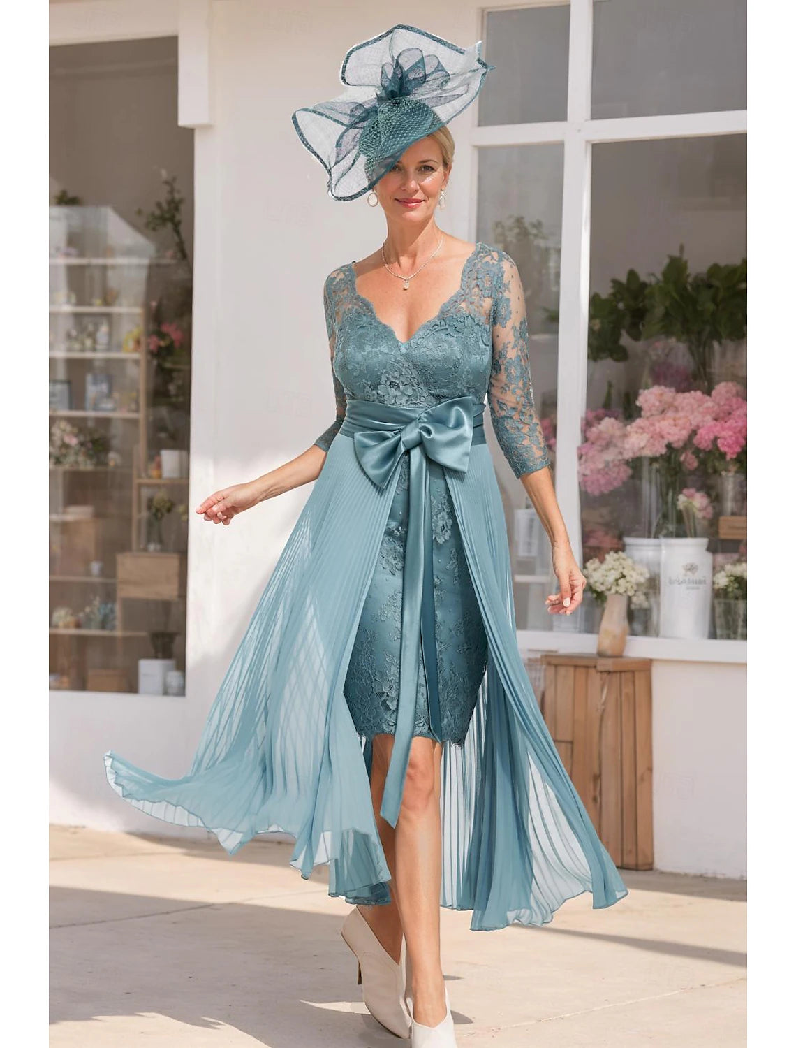 Buyishang Two Piece Sheath / Column Mother of the Bride Dress Formal Wedding Guest Elegant detachable V Neck Knee Length Chiffon Lace 3/4 Length Sleeve with Bow(s) free custom size