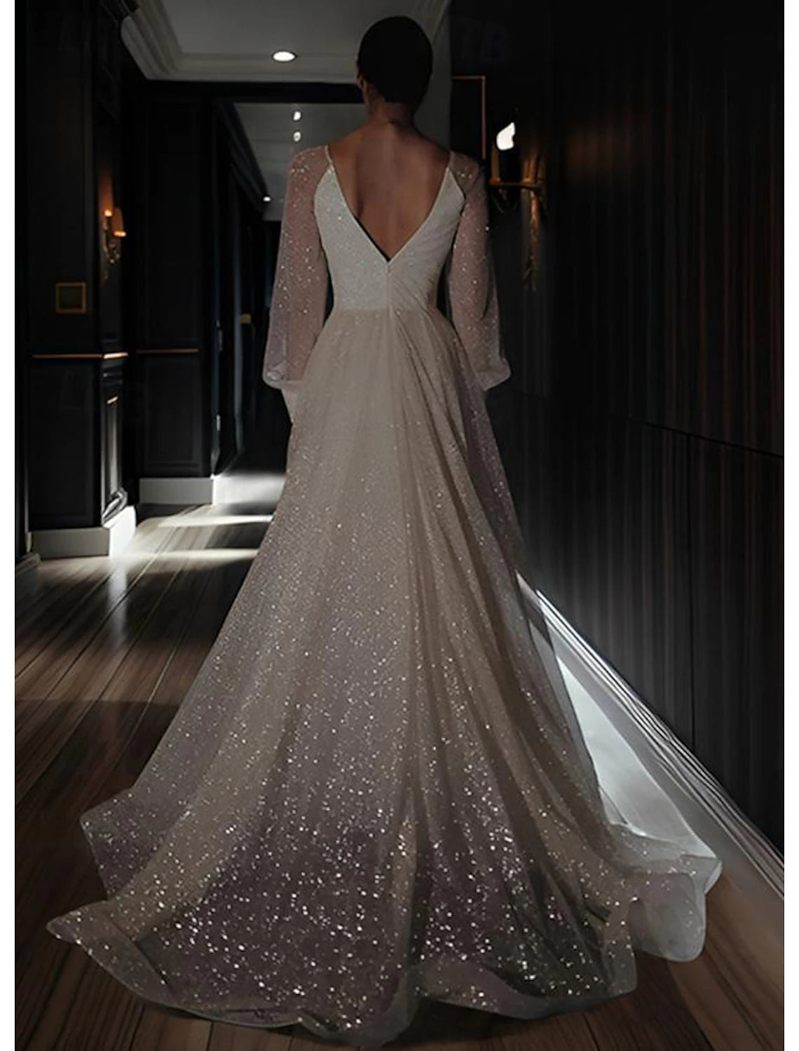 Buyishang Beach Wedding Dresses A-Line V Neck Long Sleeve Floor Length Sequined Bridal Gowns With Solid Color