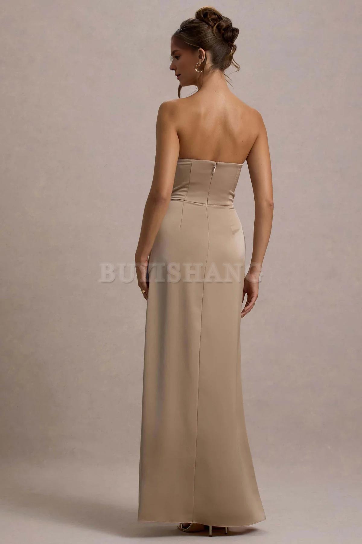 Buyishang Simple champagne strapless pleated long dress for bridesmaids