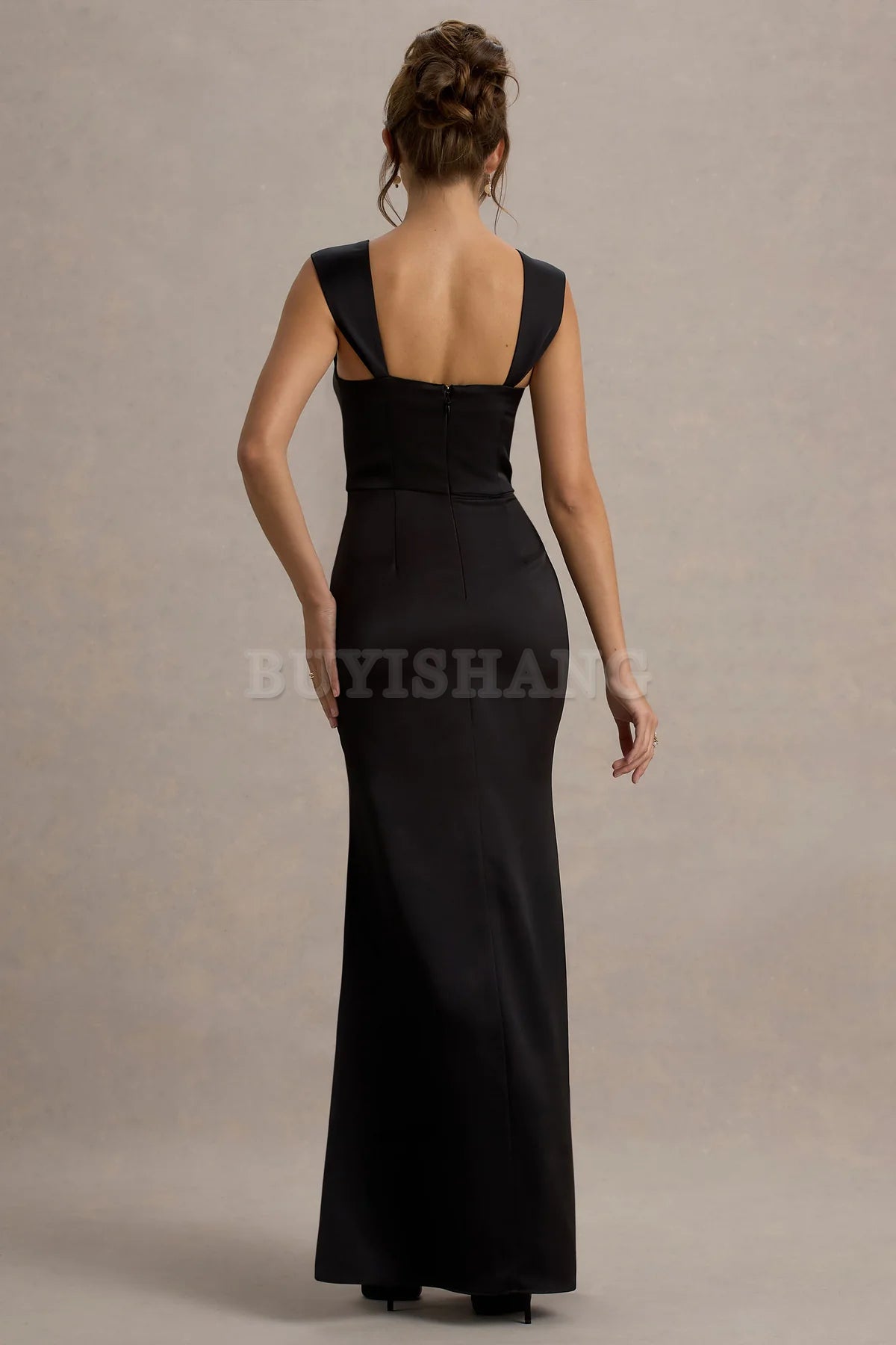 Buyishang Elegant double shoulder champagne satin tight corset wrapped in a long skirt that can be used as a bridesmaid dress