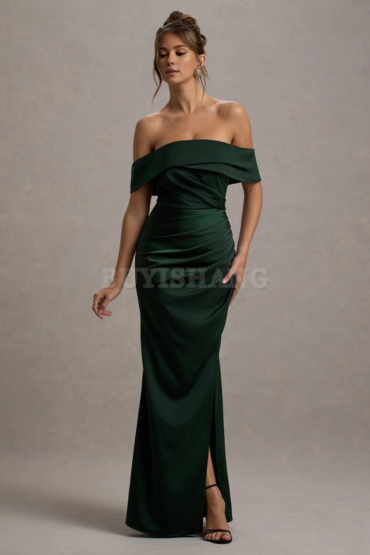 Buyishang Simple champagne colored satin Bardot pleated wrap dress bridesmaid dress