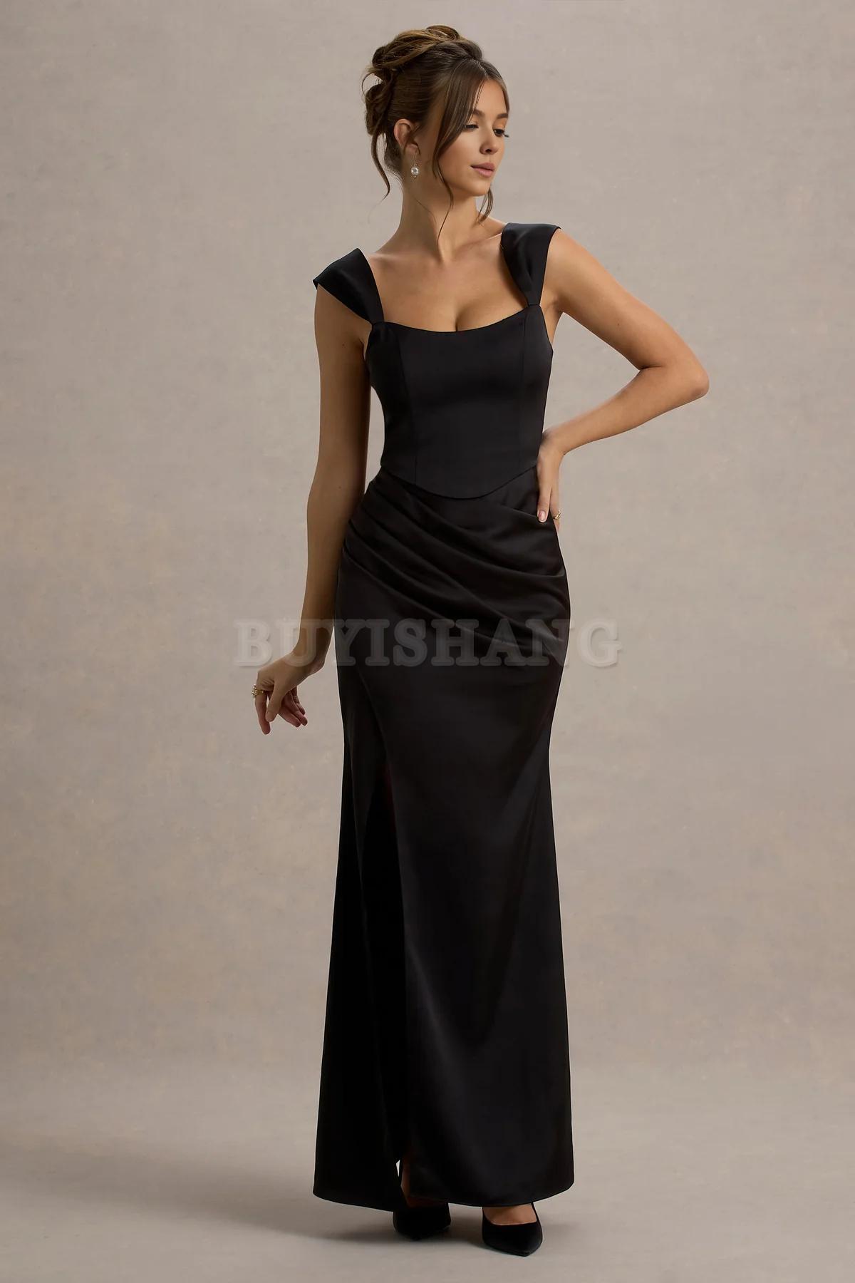 Buyishang Elegant double shoulder champagne satin tight corset wrapped in a long skirt that can be used as a bridesmaid dress