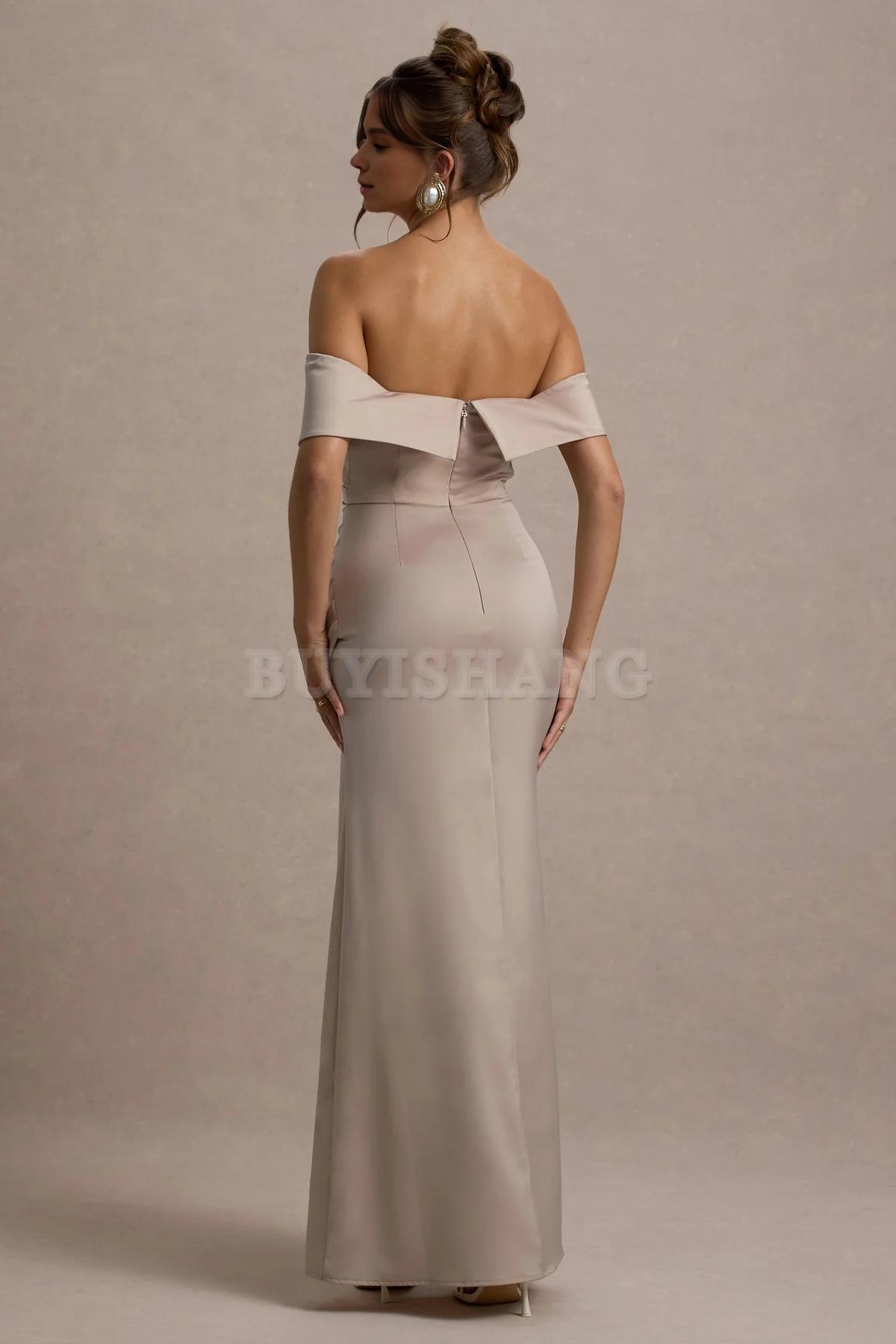 Buyishang Simple champagne colored satin Bardot pleated wrap dress bridesmaid dress