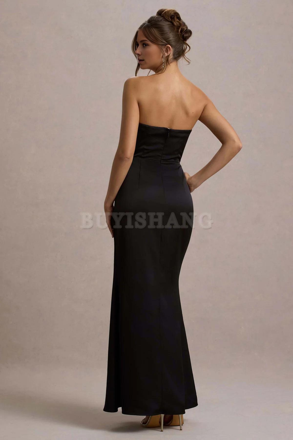Buyishang Simple champagne strapless pleated long dress for bridesmaids