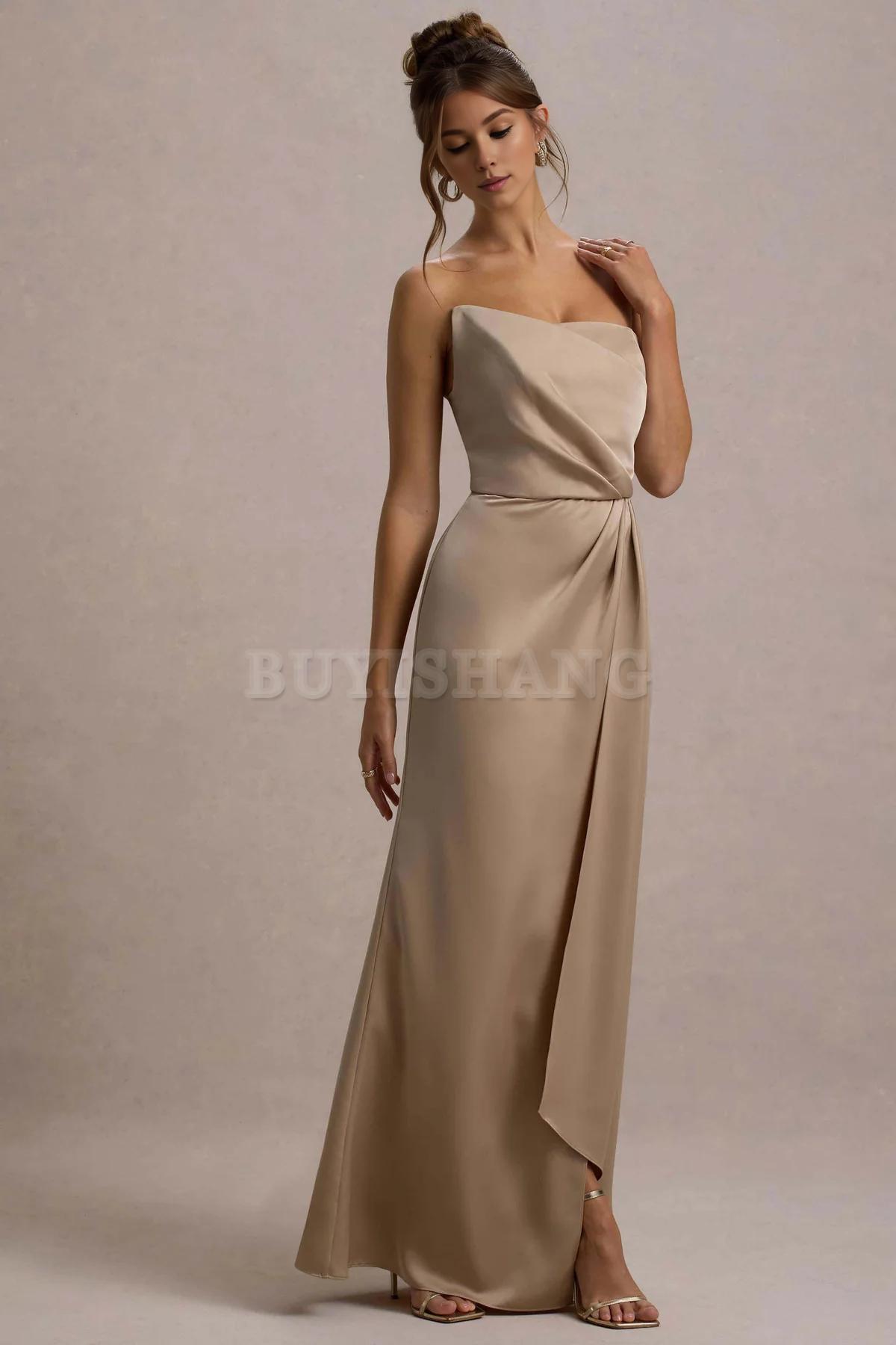 Buyishang Simple champagne strapless pleated long dress for bridesmaids
